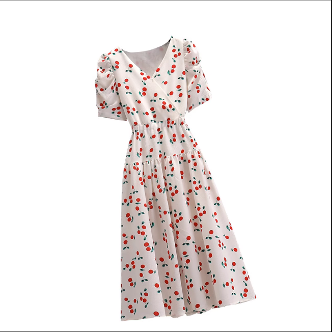 TOBE1SHOP Quần áo mùa hè 2023 Cherry in tay áo ngắn Vintage V cổ thắt lưng thiết kế cảm giác đầm cho phụ nữ