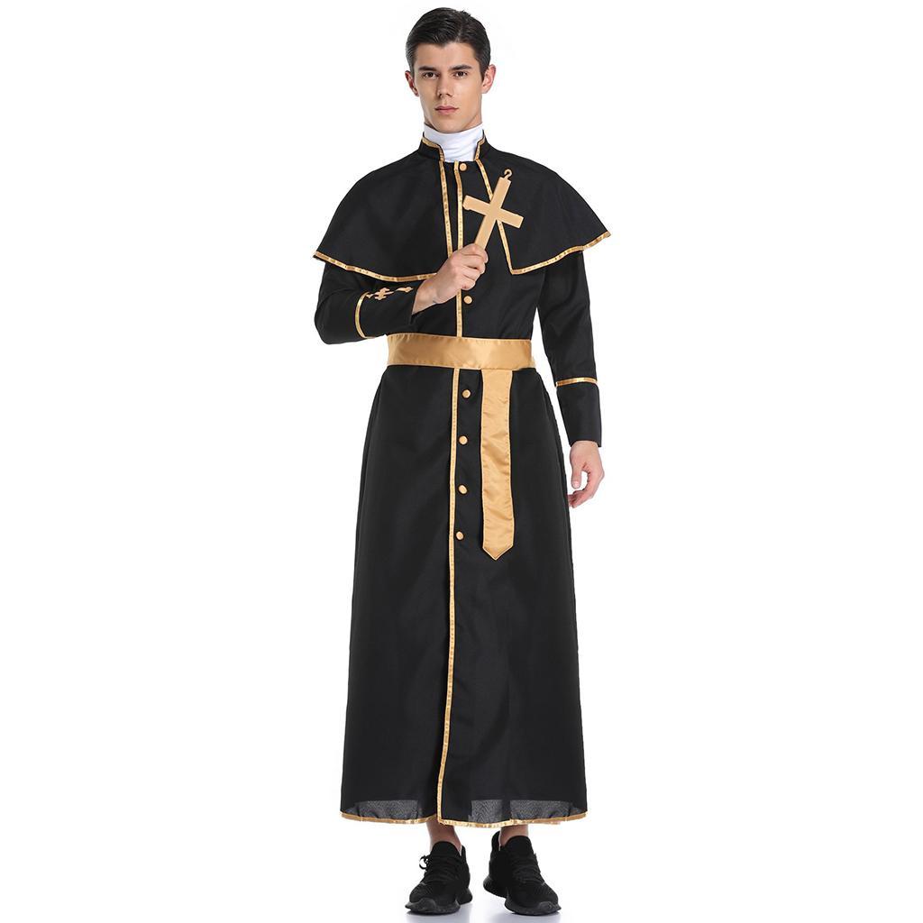 Priest Male Cassock Robe Cloak and Belt Minister Halloween Party Cosplay --M