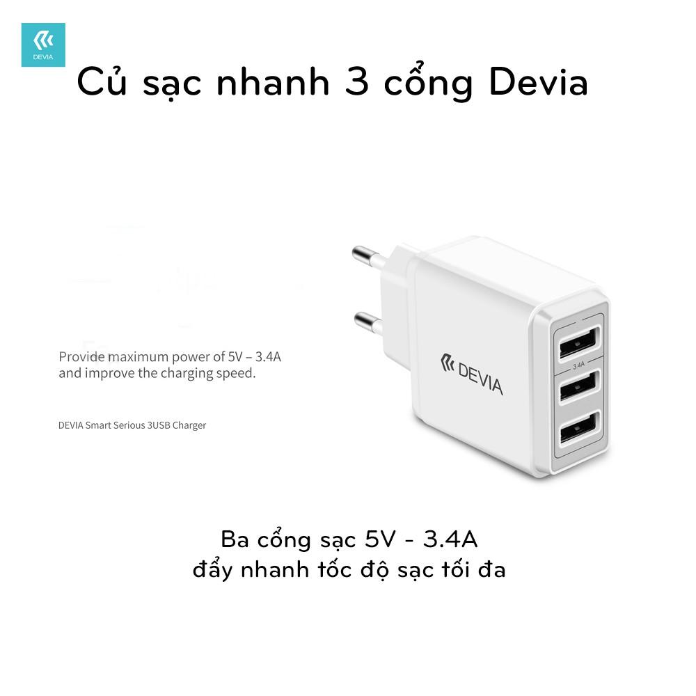 Củ sạc nhanh smart Devia 3 cổng USB - Hàng chính hãng