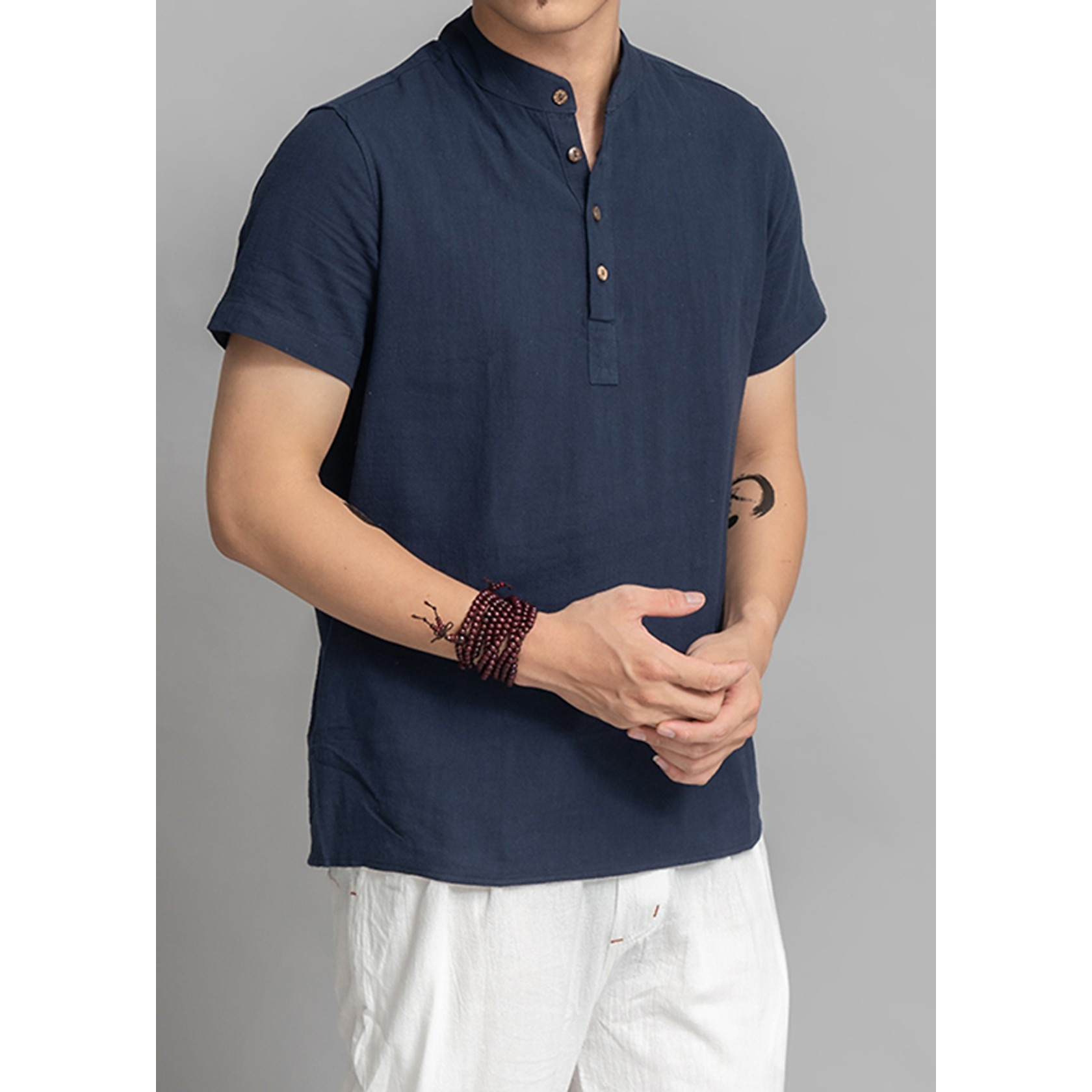 Áo đũi nam cộc tay cổ tầu chui đầu ArcticHunter, thời trang thương hiệu chính hãng – M – Xanh than