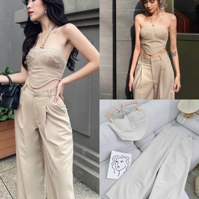 SET ÁO CROPTOP ỐNG DÂY YẾM ÔM BODY + QUẦN TÂY DÀI ỐNG RỘNG LƯNG CAO SUÔNG TRƠN ĐI TIỆC ĐI BIỂN DẠO PHỐ ĐI CHƠI