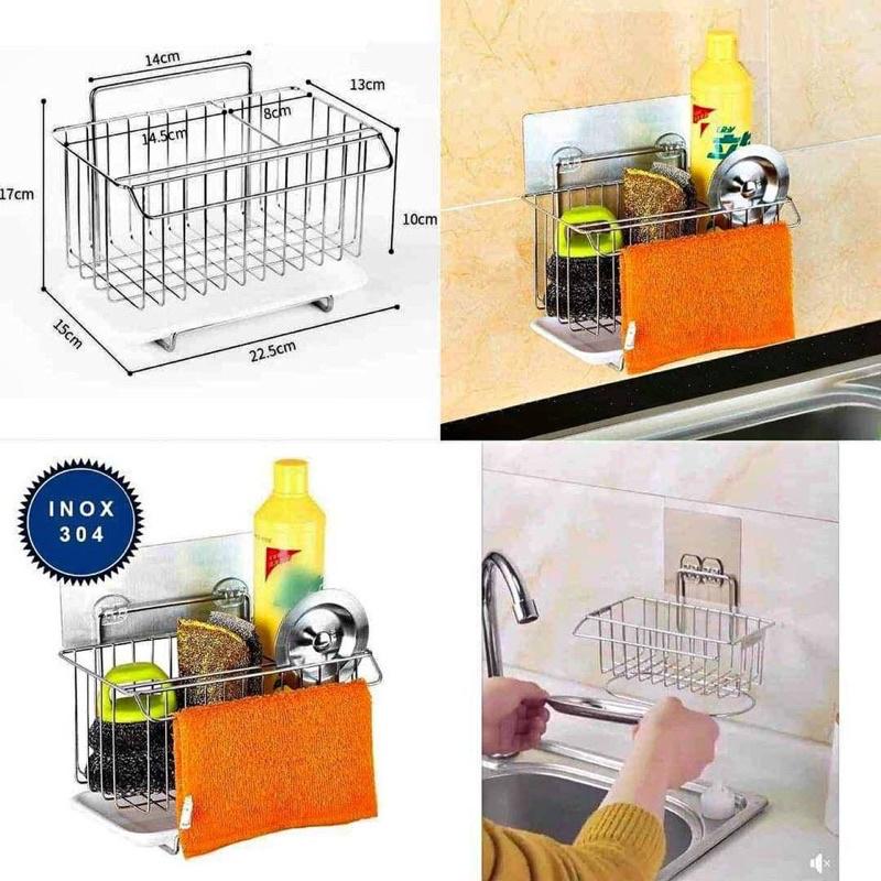 KỆ INOX ĐỰNG GIẺ RỬA BÁT KÈM KHAY HỨNG NƯỚC