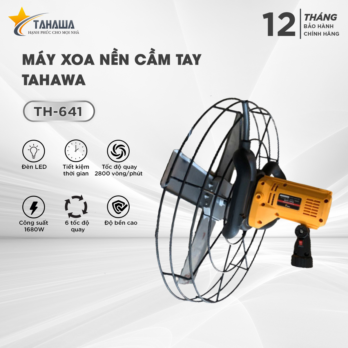 MÁY XOA NỀN CẦM TAY TAHAWA TH-641 thiết bị được dùng cho ngành xây dựng. Chuyên xoa vữa hồ, xoa nền bê tông. Mâm xoa lớn, được làm từ thép chắc chắn nên có độ bền cao.