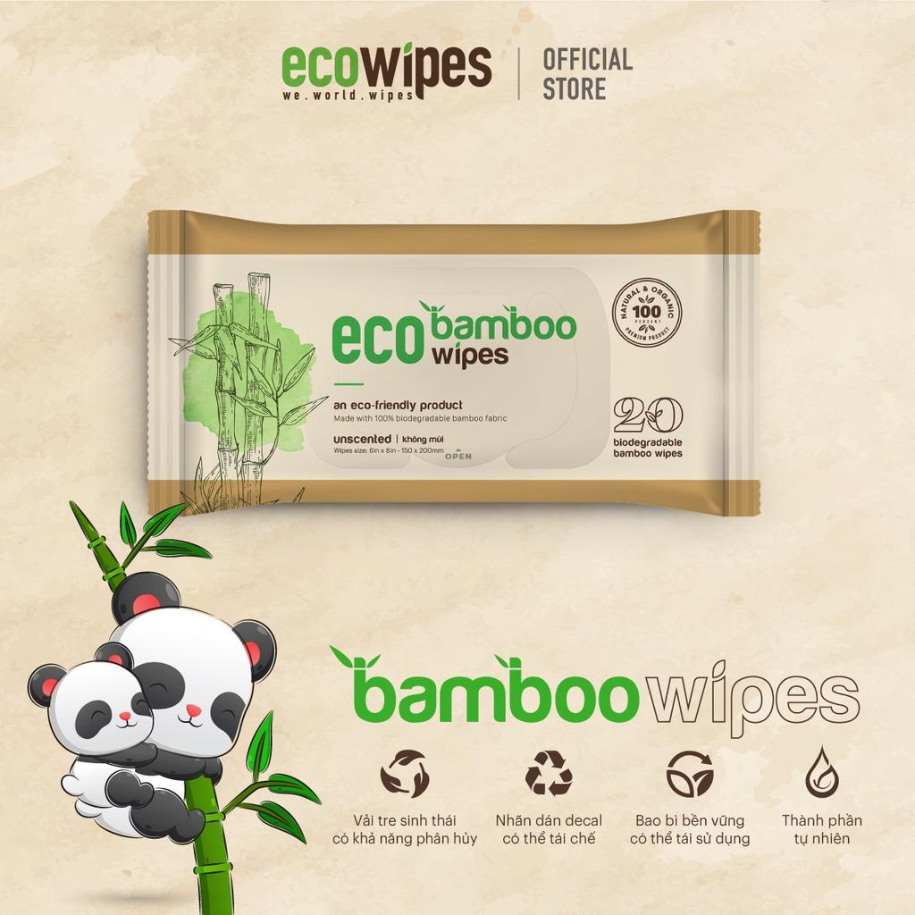 Combo 05 gói khăn giấy ướt cao cấp EcoWipes Bamboo gói 20 tờ vải sợi tre sinh thái không mùi có thể phân hủy