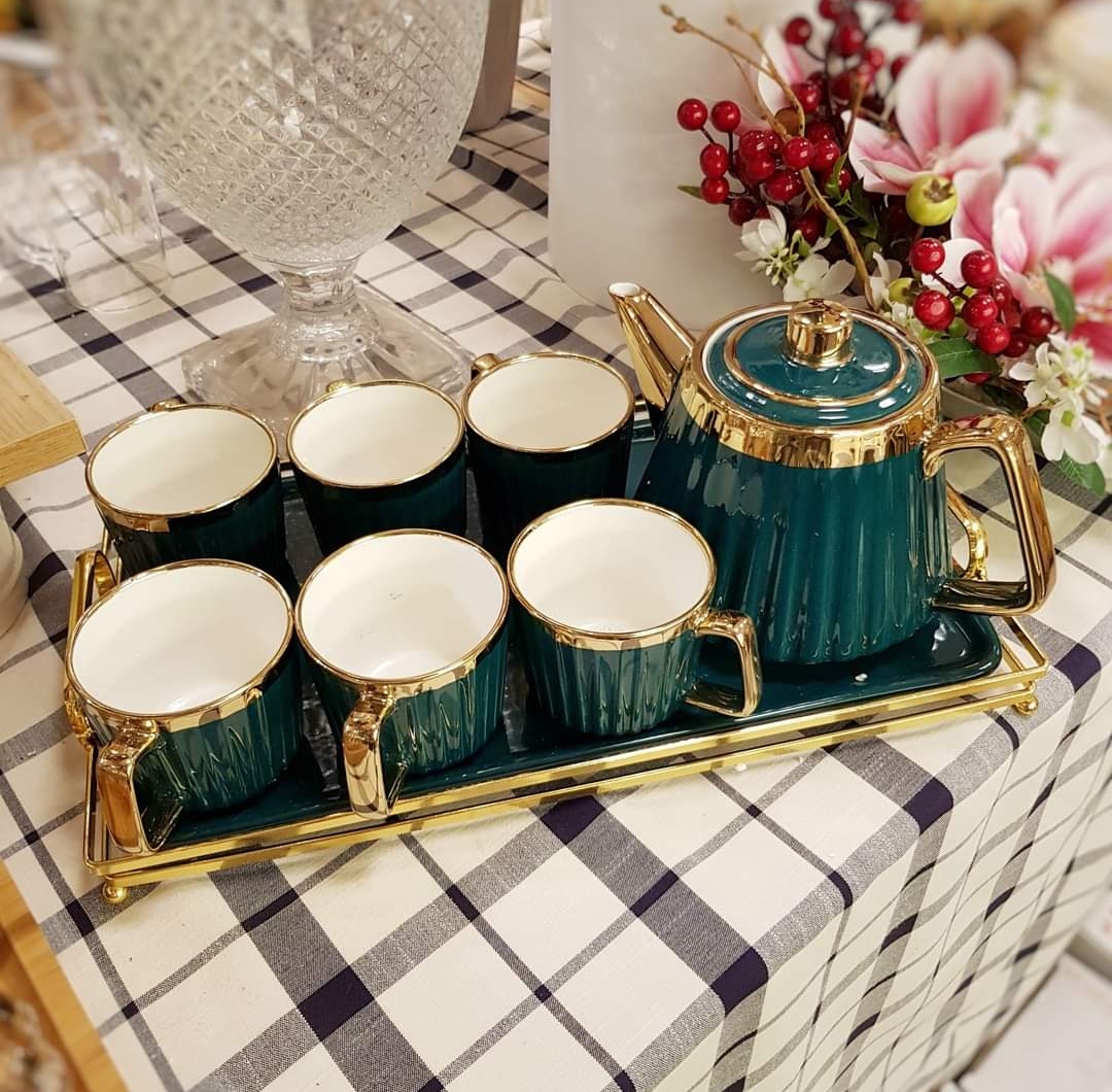 Bộ bình trà ( ấm chén ) kèm khay bằng sứ màu xanh cổ vịt viền vàng cao cấp phong cách Bắc Âu