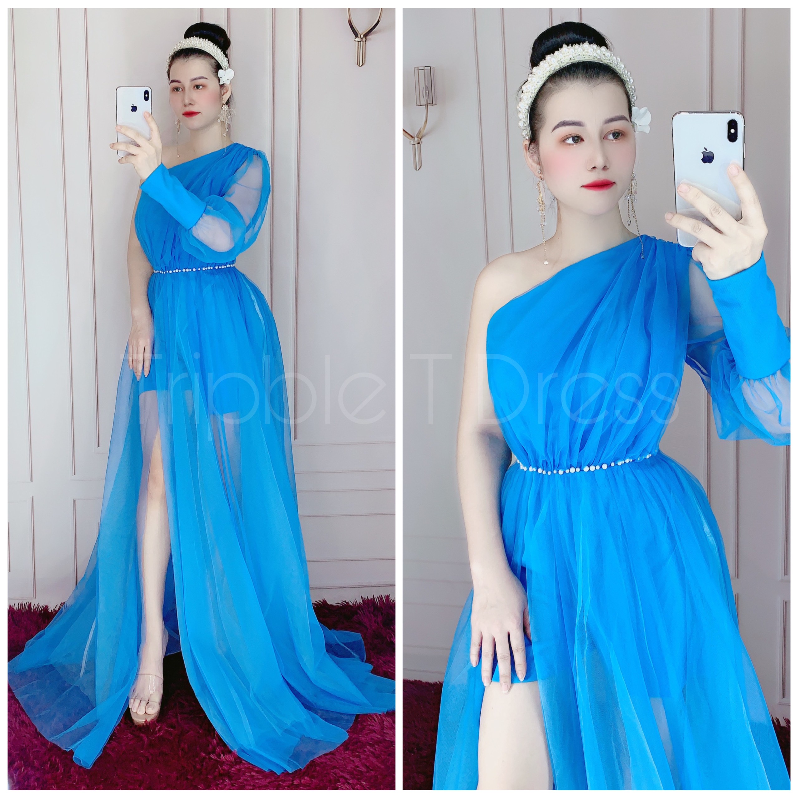 Đầm maxi dự tiệc lệch vai tay dài kết ngọc TRIPBLE T DRESS - size M/L - MS132V
