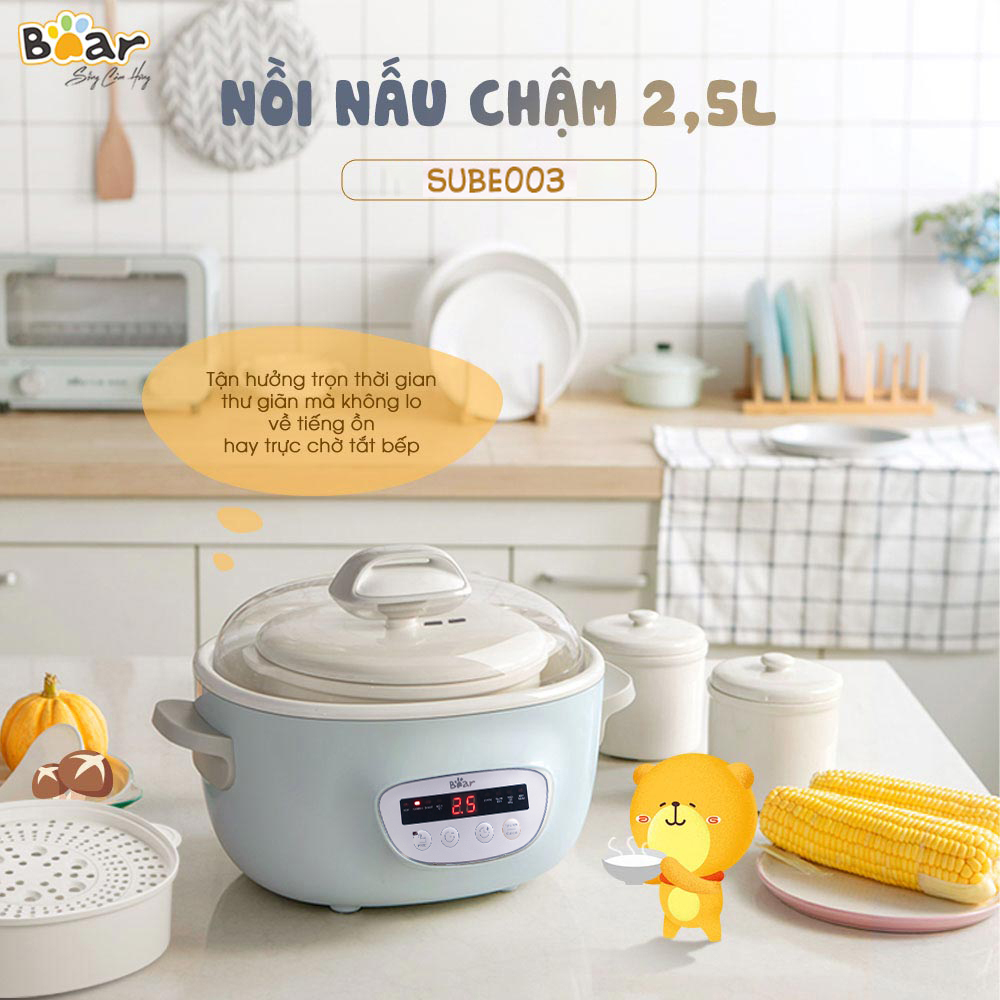 Combo Nồi Nấu Chậm 2,5L Bear SUBE003 và Máy xay ăn dặm đa năng 3 cối B10V2 nấu cháo, chưng yến, ăn dặm tiện dụng - Hàng chính hãng