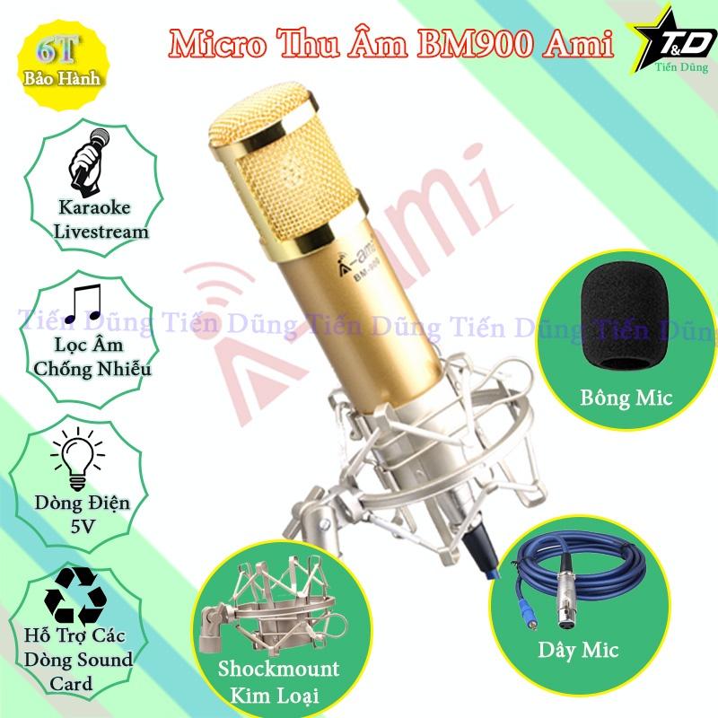 Bộ Mic thu âm BM900 Ami sound card k600 dây livestream MA2 chân kẹp màng lọc sound card k600 có autu tune và bluetooth