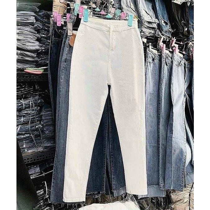 Quần Bò Nữ Skinny Lưng Cao Màu Trắng Cạp Cao Co Giãn Trơn Cơ Bản