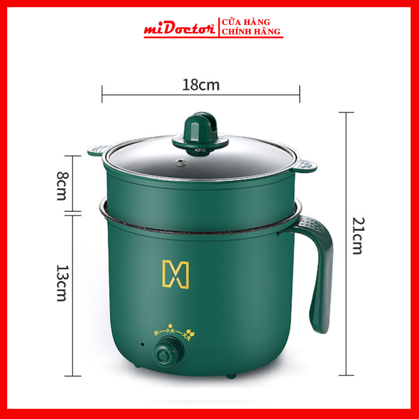 Nồi Lẩu Mini 2 Tầng - Nồi Điện Đa Năng Tặng Kèm Khay Hấp Cao Cấp 1.2 Lít - Hàng Chính Hãng miDoctor - Logo trên thân nồi hình ngẫu nhiên