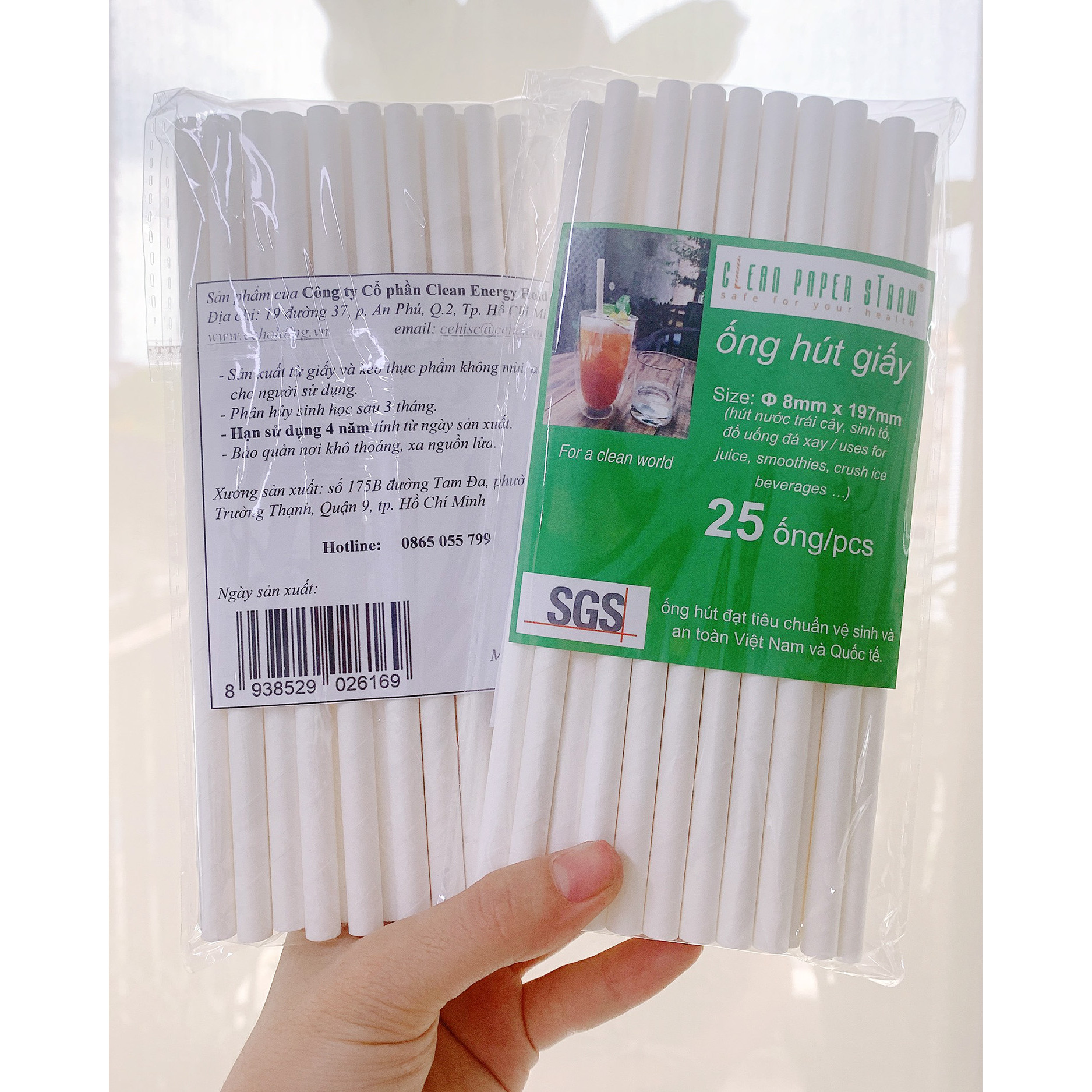 5 túi ( 25 ống/ túi) hút giấy cao cấp Clean Paper Straw 8mm x 197mm dùng cho sinh tố, đá xay....