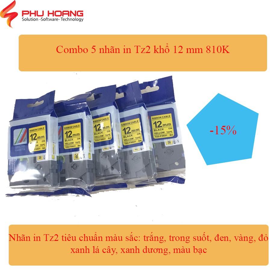 Combo 5 nhãn in Tz2, Hze, Pze khổ rộng 12mm dài 8m, đa lớp, chống thấm, chống trầy xước