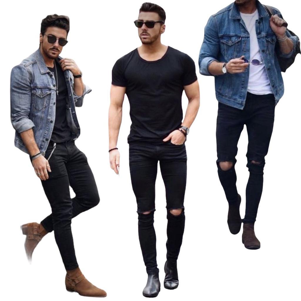 Quần Jean Nam The Luyn Black Màu Đen Rách Gối Mix-Match Năng Động Vải Dày Dặn Bền Lâu Khó Phai Màu
