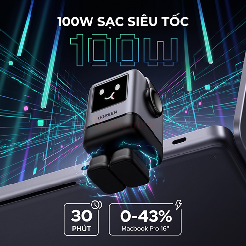 Cốc sạc Ugreen Uno RG GaN 1C Robot Fast Charger 100W 1USB 3Type-C X688 45514B - Hàng chính hãng