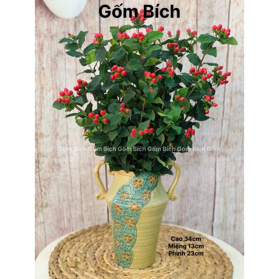 Bình Hoa Gốm Khắc Tay Men Thuần Mộc Gốm Sứ Bát Tràng Lọ Hoa Đẹp - Gốm Bích