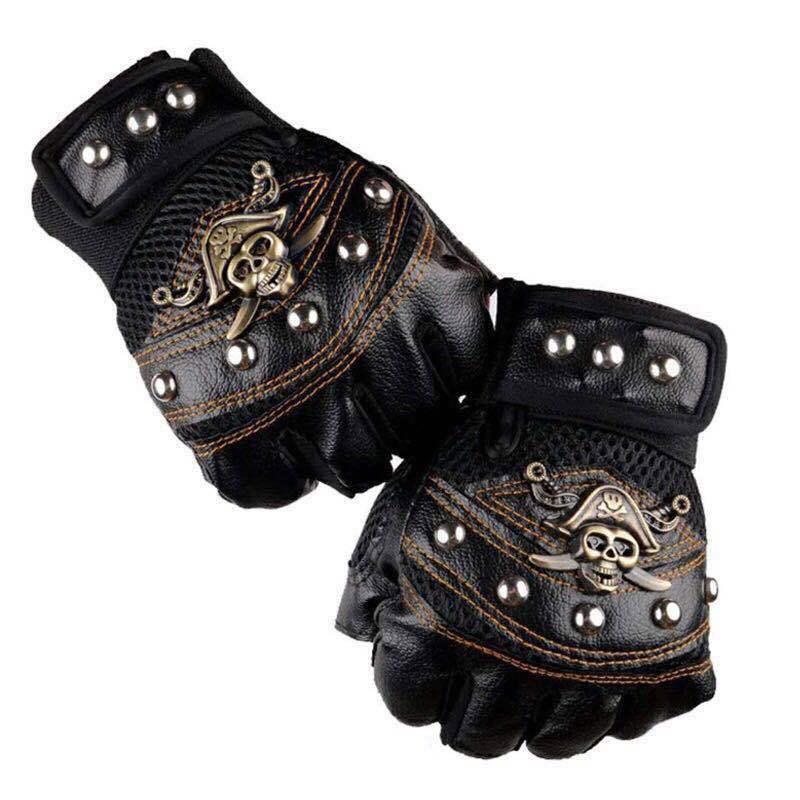 Punk Skulls Rivet Găng tay da PU Đàn ông Thời trang Hip Hop Chống chống trượt Găng tay Mùa hè Phụ kiện xe máy Color: black Size: One Size