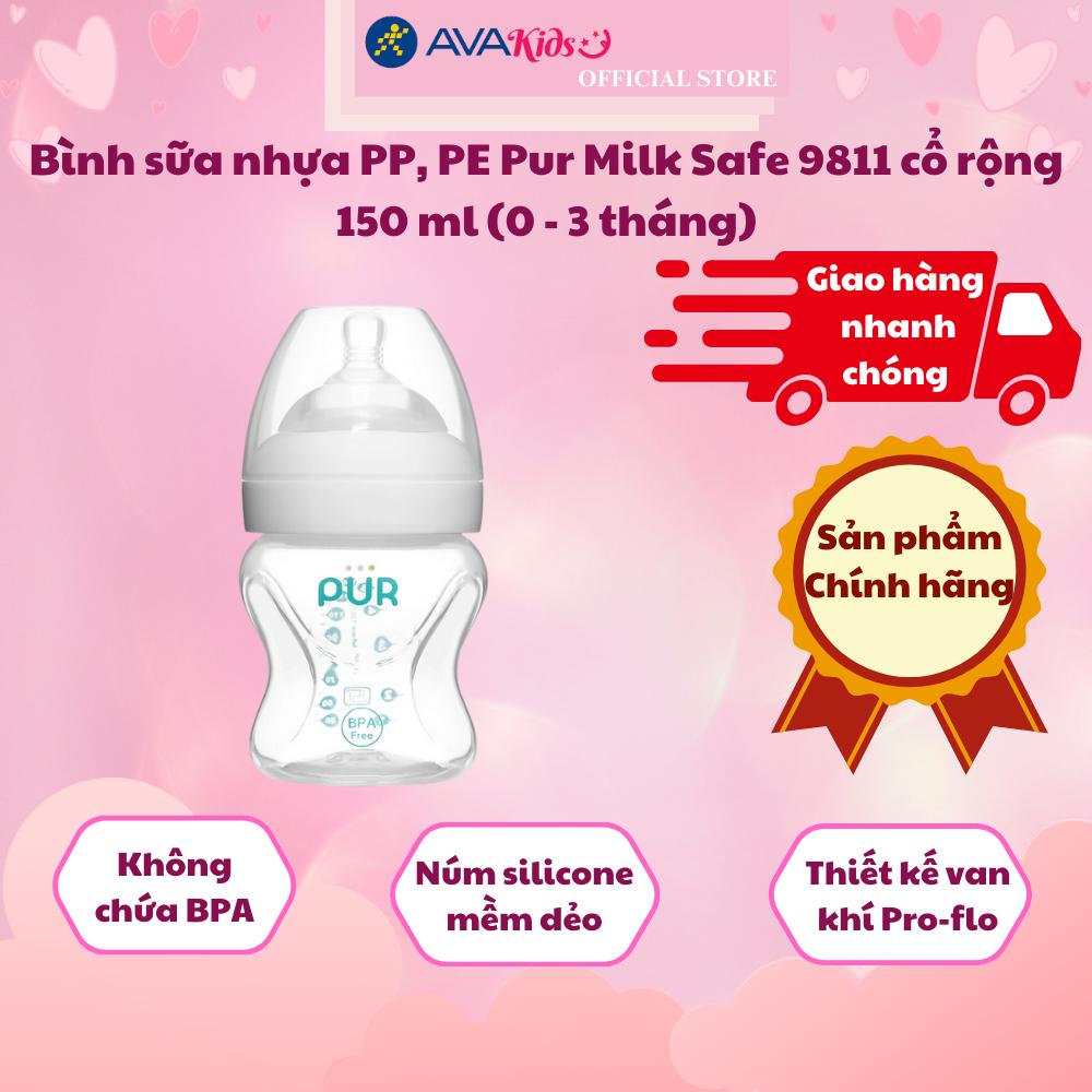 Bình sữa nhựa PP, PE Pur Milk Safe 9811 cổ rộng 150 ml (0 - 3 tháng)