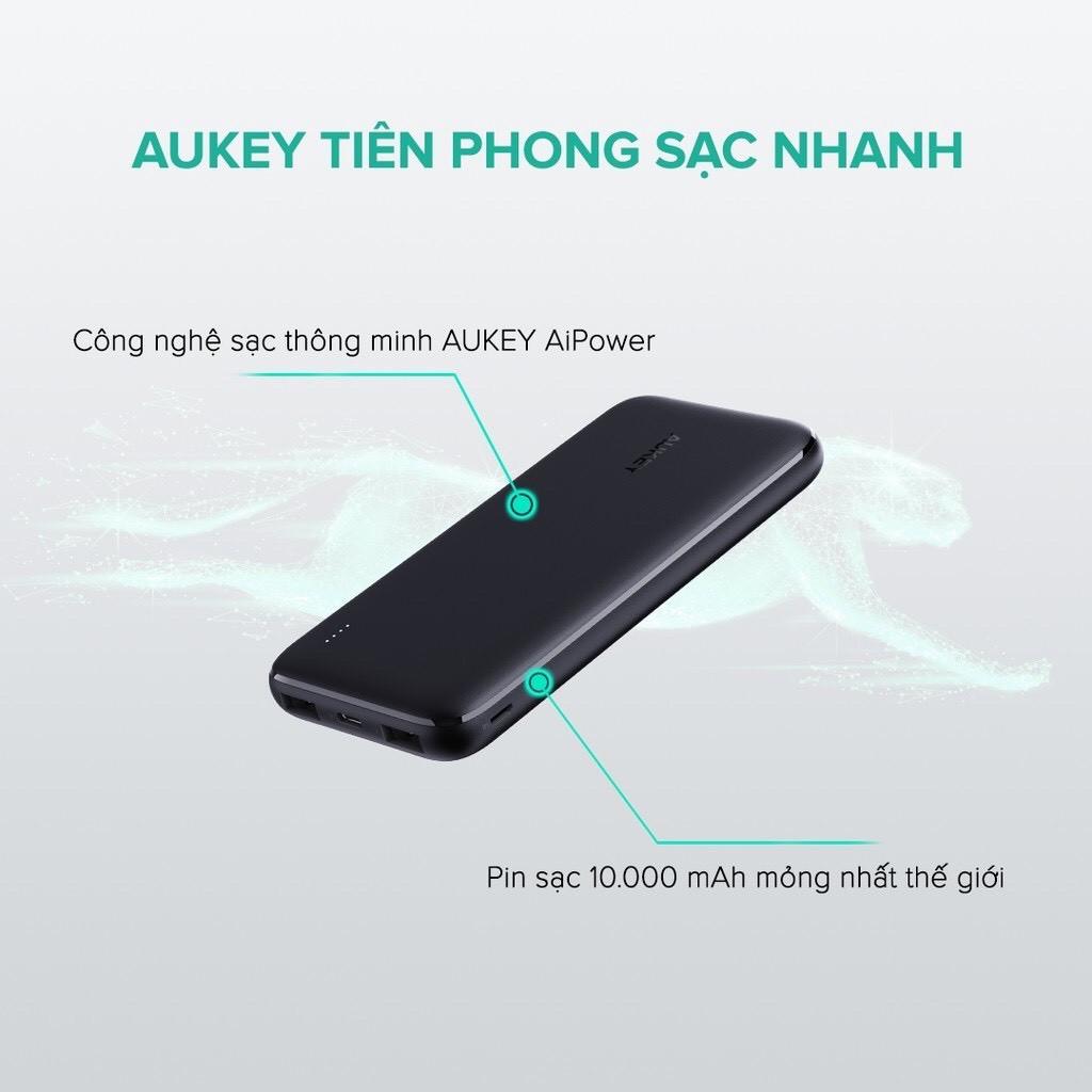 Sạc Dự Phòng Siêu Mỏng 10.000 mAh Aukey PB-N73 1 Cổng Sạc Nhanh Type C 15W, 2 Cổng USB-A - Hàng Chính Hãng