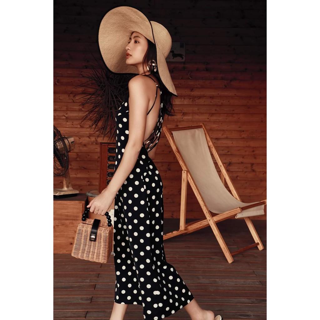 Đầm maxi chấm bi đi biển hở lưng, đan dây