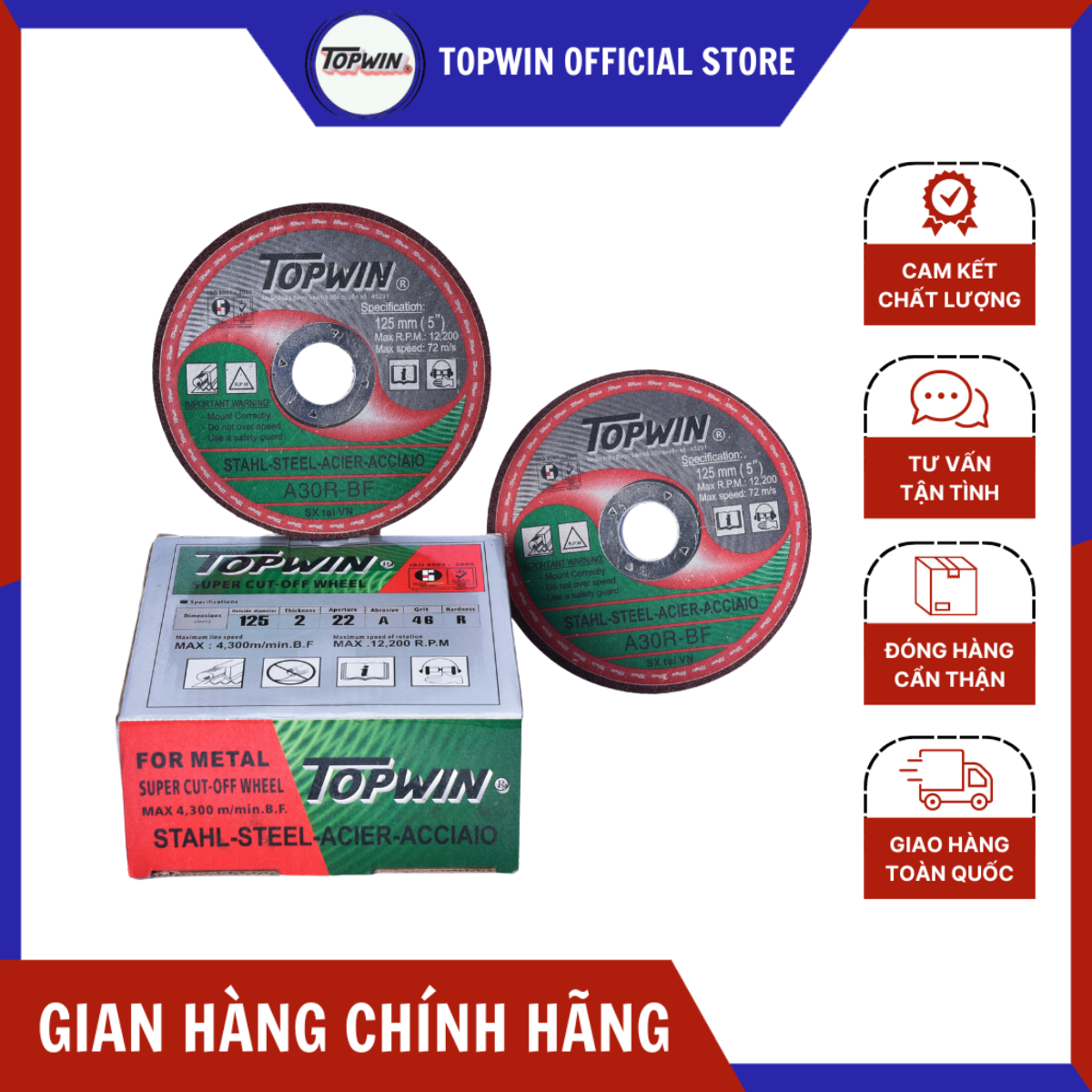 (25 Viên) Đá Cắt Sắt TOPWIN 125x2x22mm Có Độ Sắc Cao Và Bền, Cắt Không Bụi, Ít Hao Mòn | TOPWIN Official Store