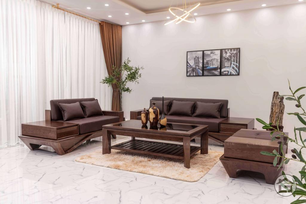 Bộ sofa góc tay vuông gỗ sồi nga , Bộ ghế sofa 2 văng chân quỳ