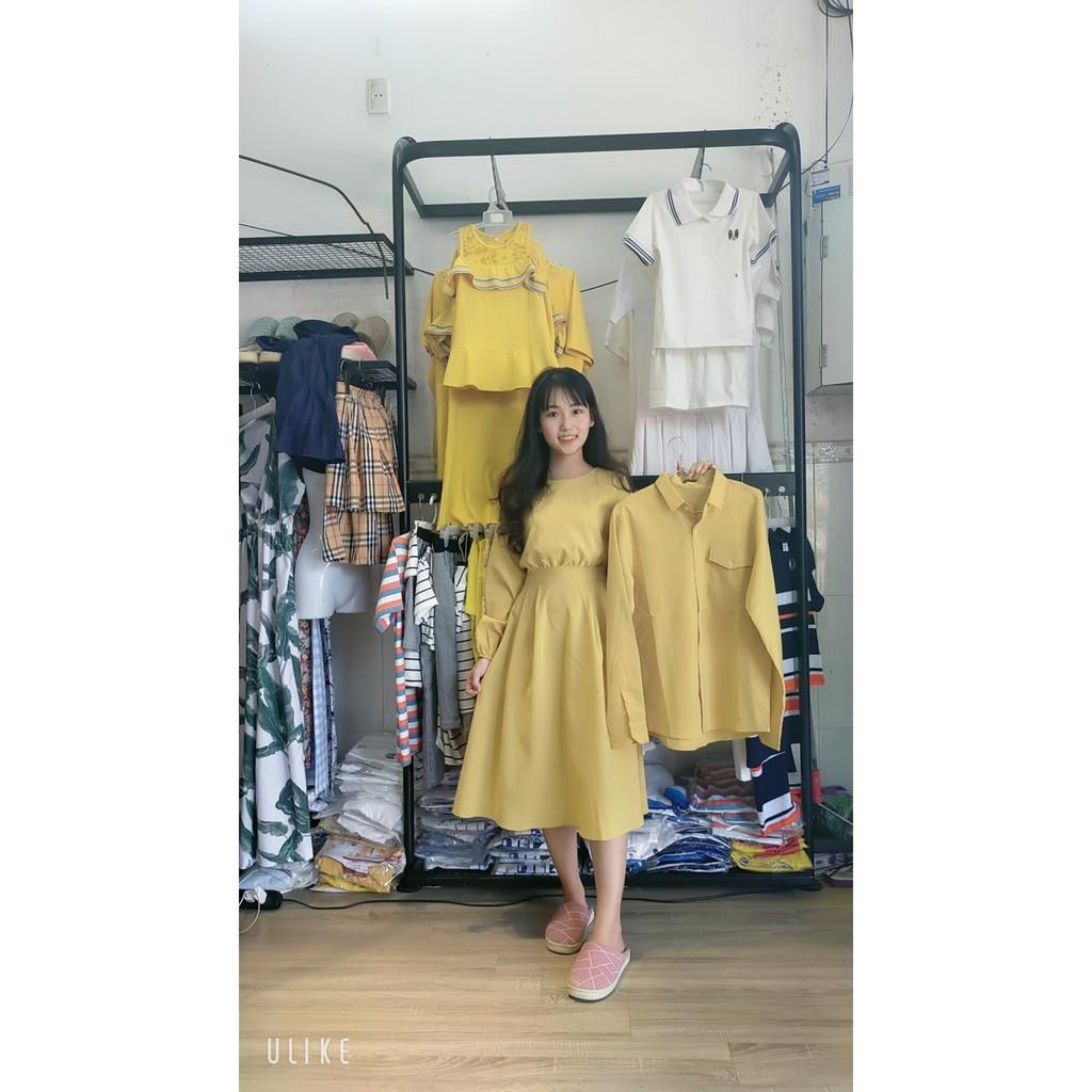 ÁO ĐÔI FREESHIP Set váy sơ mi đôi màu trắng và vàng Hàn Quốc Couple AV89