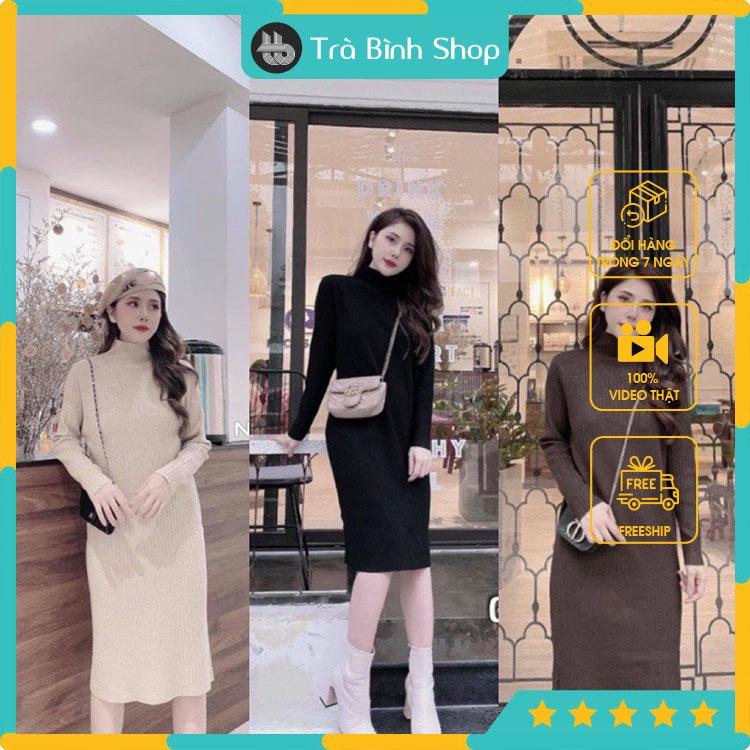Váy len nữ suông dài tay cổ 3 phân Đầm trơn chất len thường hàng VNXK