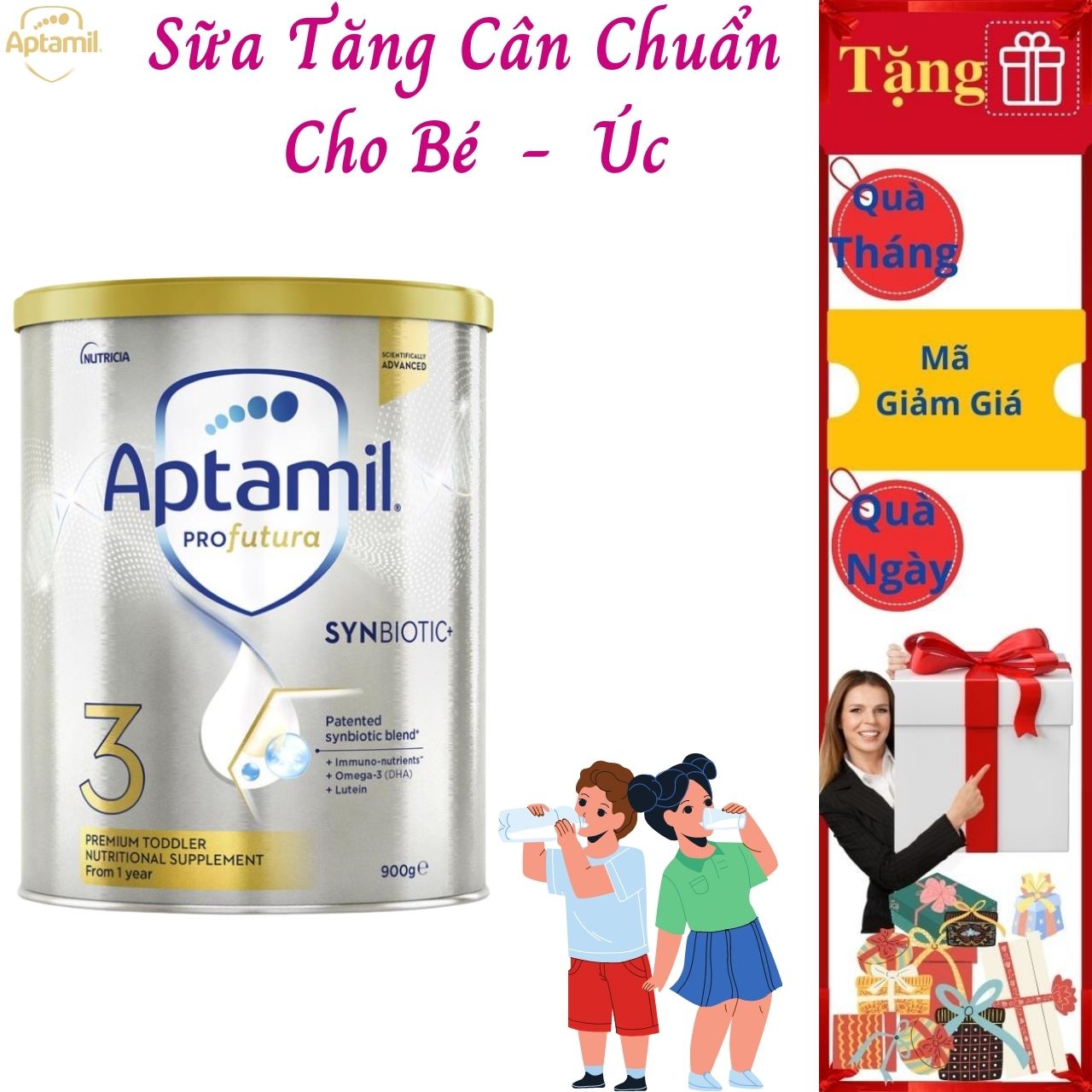 Sữa tăng cân cho bé 1-3 tuổi Aptamil Profutura Synbiotic Úc giàu dưỡng chất giúp bé phát triển chiều cao, cân nặng, trí não, tăng sức đề kháng - Massel Official -900g/lon