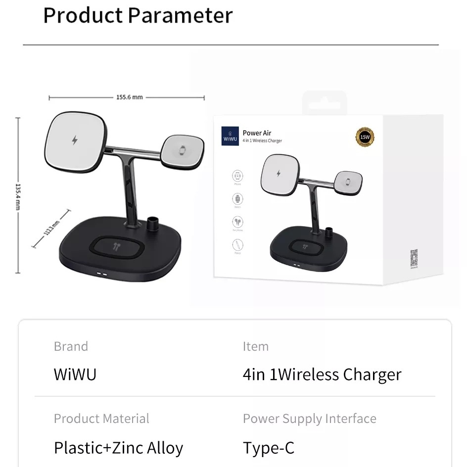 Đế sạc không dây sạc nhanh 15W 4 in 1 hỗ trợ sạc dành cho tai nghe / iWatch / Pencil / iPhone hiệu WIWU Power Air Wireless Charger M8 - hàng nhập khẩu