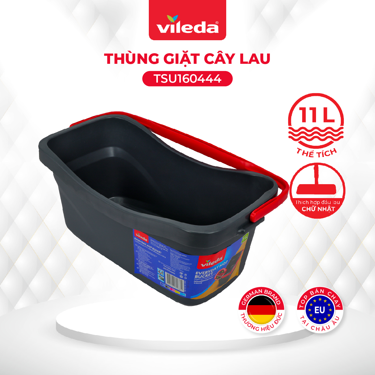 Thùng giặt cây lau nhà VILEDA Everyday Mop Bucket dung tích 11L, phù hợp cây lau tự vắt, bản rộng, chữ nhật - TSU160444