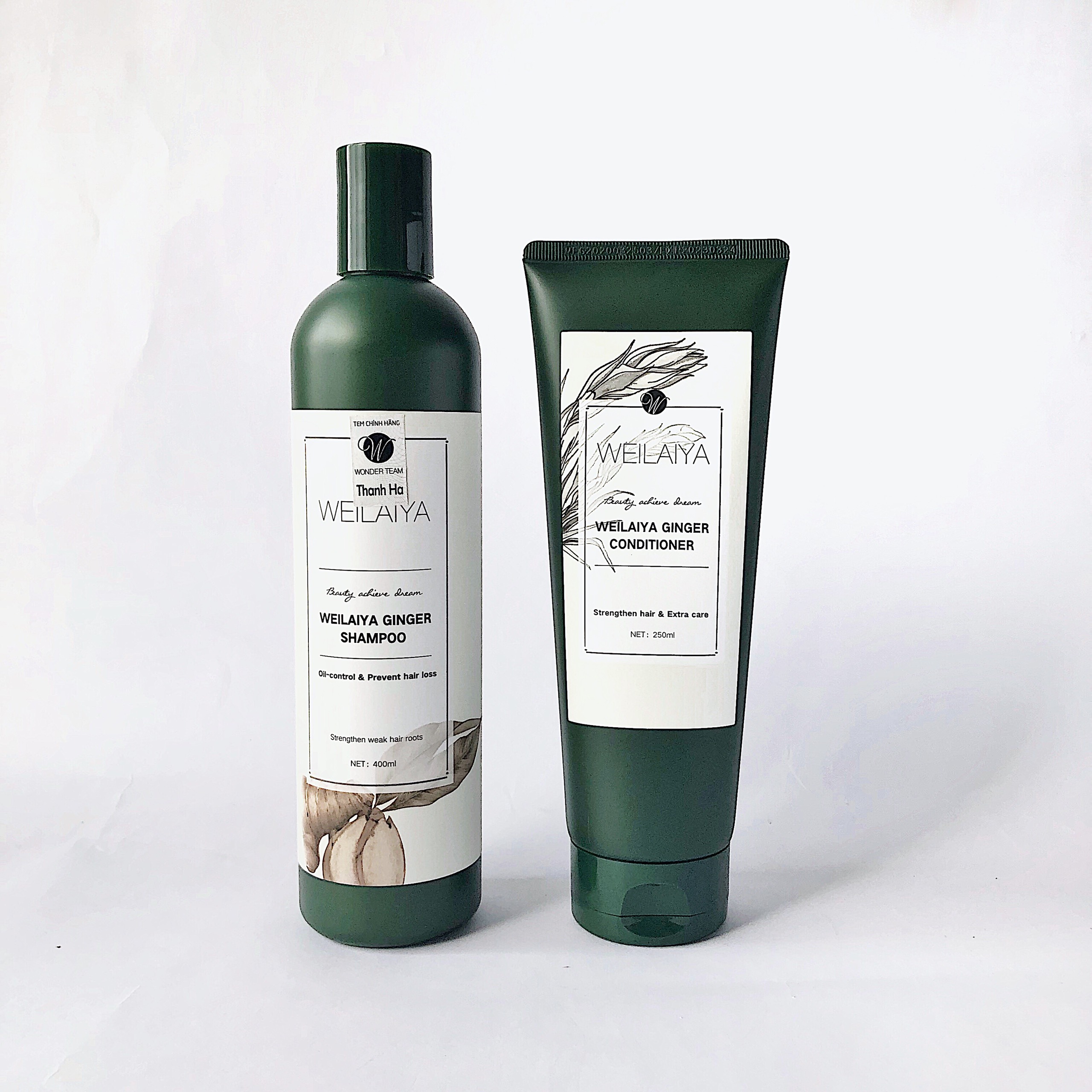 Set quà tặng gồm Cặp gội xả gừng xanh nguyên chất và Sữa tắm trắng da Weilaiya Tặng Minisize dầu gôi thượng lưu - Gói hộp quà sang trọng