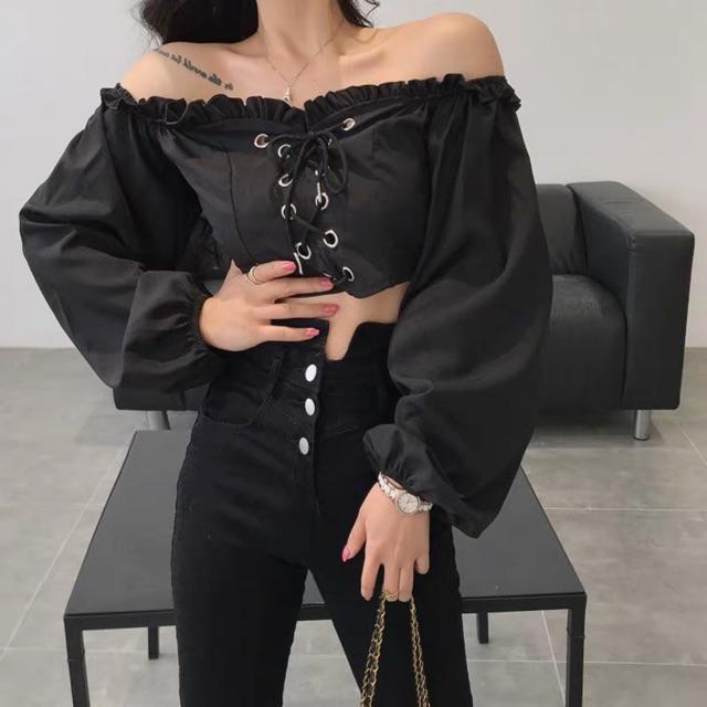 Áo trễ vai đan dây phong cách Ulzzang Hàn Quốc