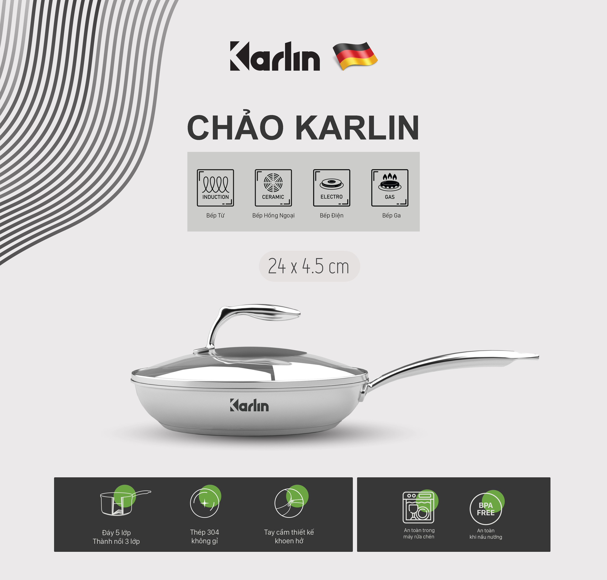 Chảo KARLIN 5 Đáy Chảo Inox Chống Dính Tự Nhiên Thương Hiệu Đức