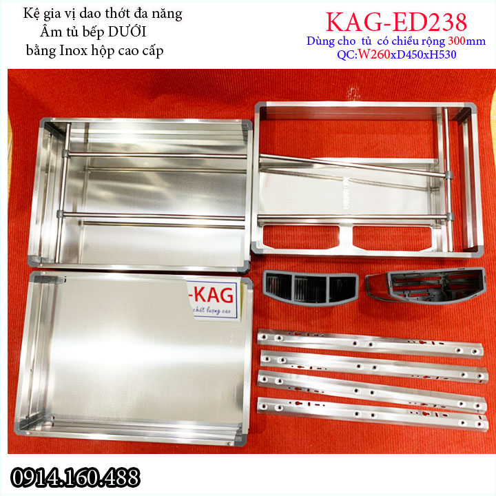 Kệ Gia vị 3 tầng KAG-ED238 rộng 26cm , kệ đựng gia vị có ray kéo, kệ để gia vị ray giảm chấn âm tủ bếp 30cm