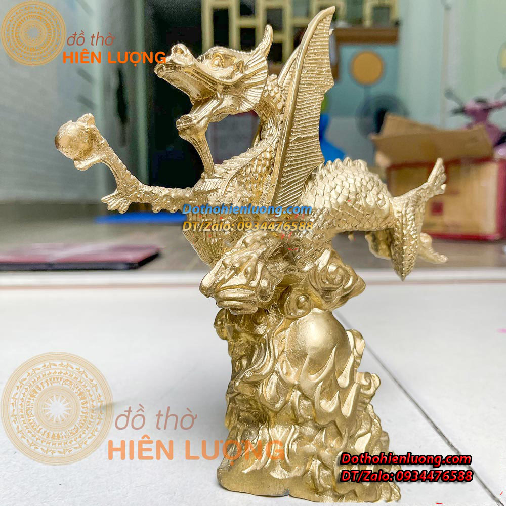 Tượng Rồng Cánh Bay Bệ Mây Màu Vàng Bằng Đồng Kích Thước 20x5x20cm, Nặng 0,9kg - Đồ Thờ Hiên Lượng