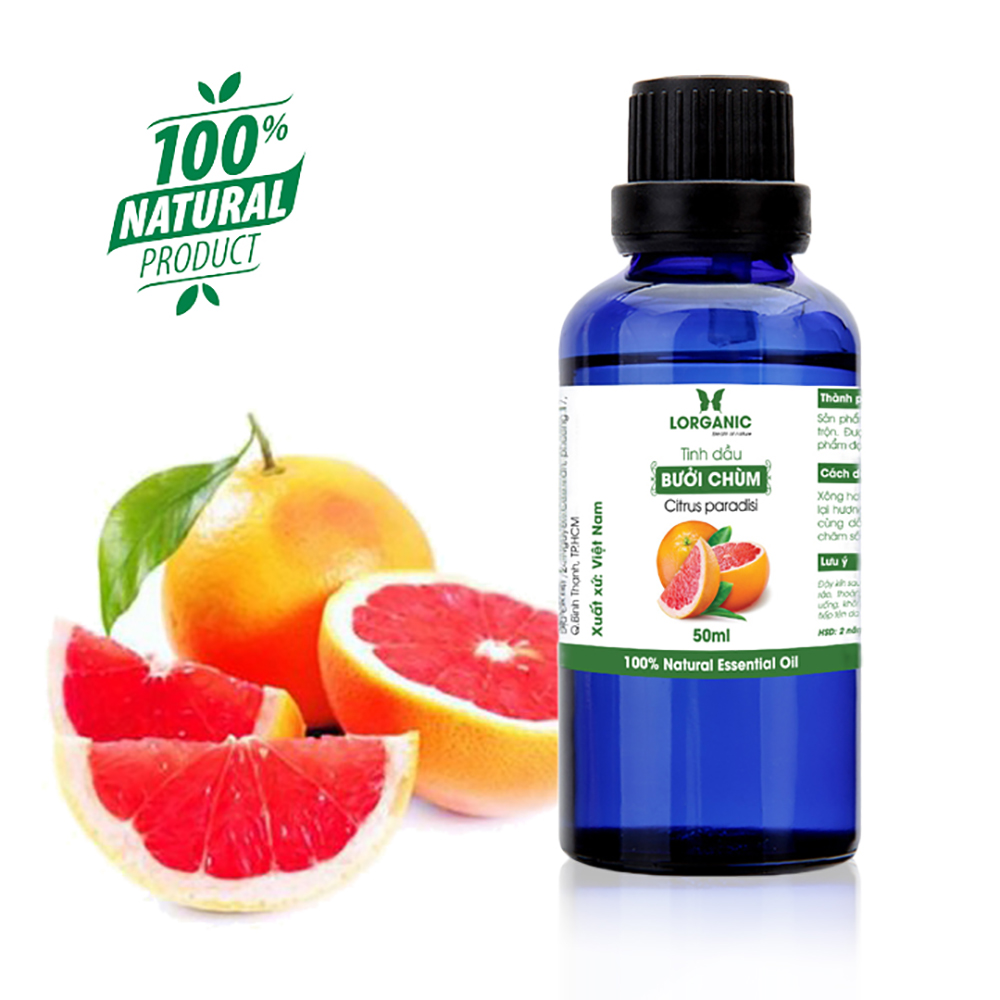 Tinh dầu bưởi chùm Citrus paradisi Lorganic 50ml/ Hương thơm ngọt ngào, ấm áp/ Tinh dầu thiên nhiên nguyên chất xông phòng, thư giãn tinh thần, giảm chứng mất ngủ, khử mùi hiệu quả/ Thích hợp dùng với đèn xông và máy khuếch tán.