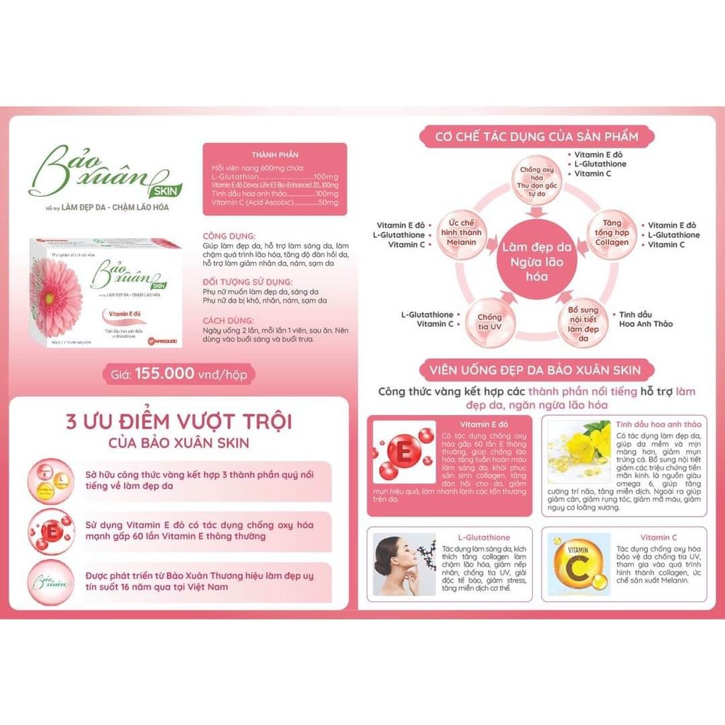 Viên Uống Bảo Xuân Skin, Da Trắng Bật Tone, Không Lo Bắt Nắng, Mờ Thâm Nám Hiệu Quả