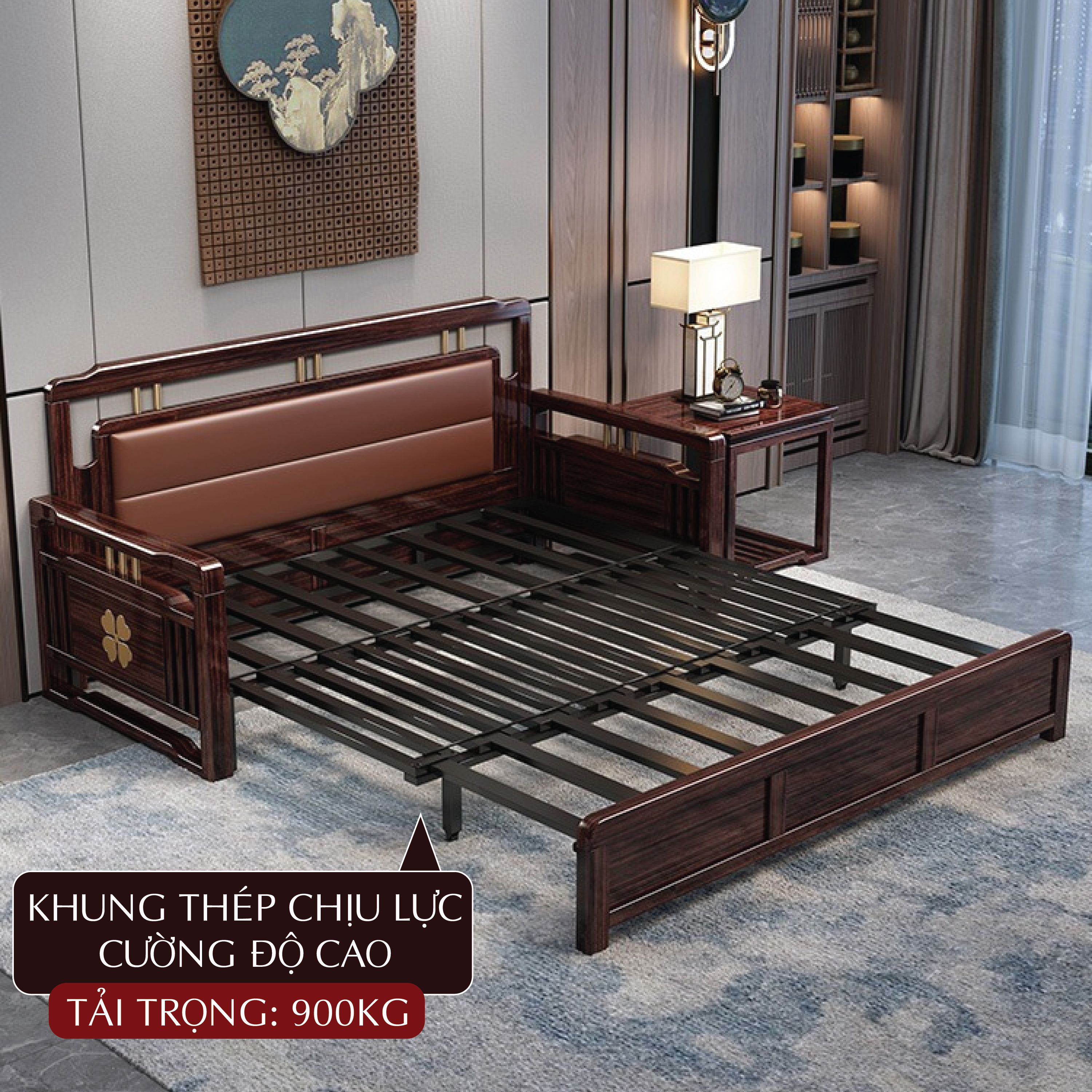 Ghế SoFa Giường Gấp Gọn Thông Minh, Giường Sofa Kéo Cao Cấp Tay Gỗ Tự Nhiên 3 Cấp Độ Gấp Gọn Có Túi Đựng Đồ Siêu Tiện Lợi