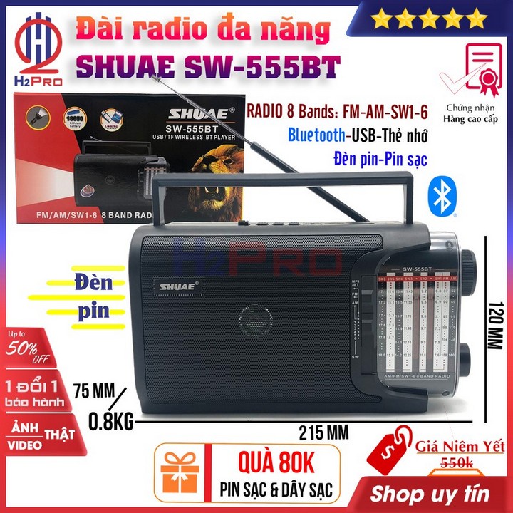 Đài radio SHUAE SW-555BT FM-AM-SW, bluetooth-USB-Thẻ nhớ-Hàng Chính Hãng