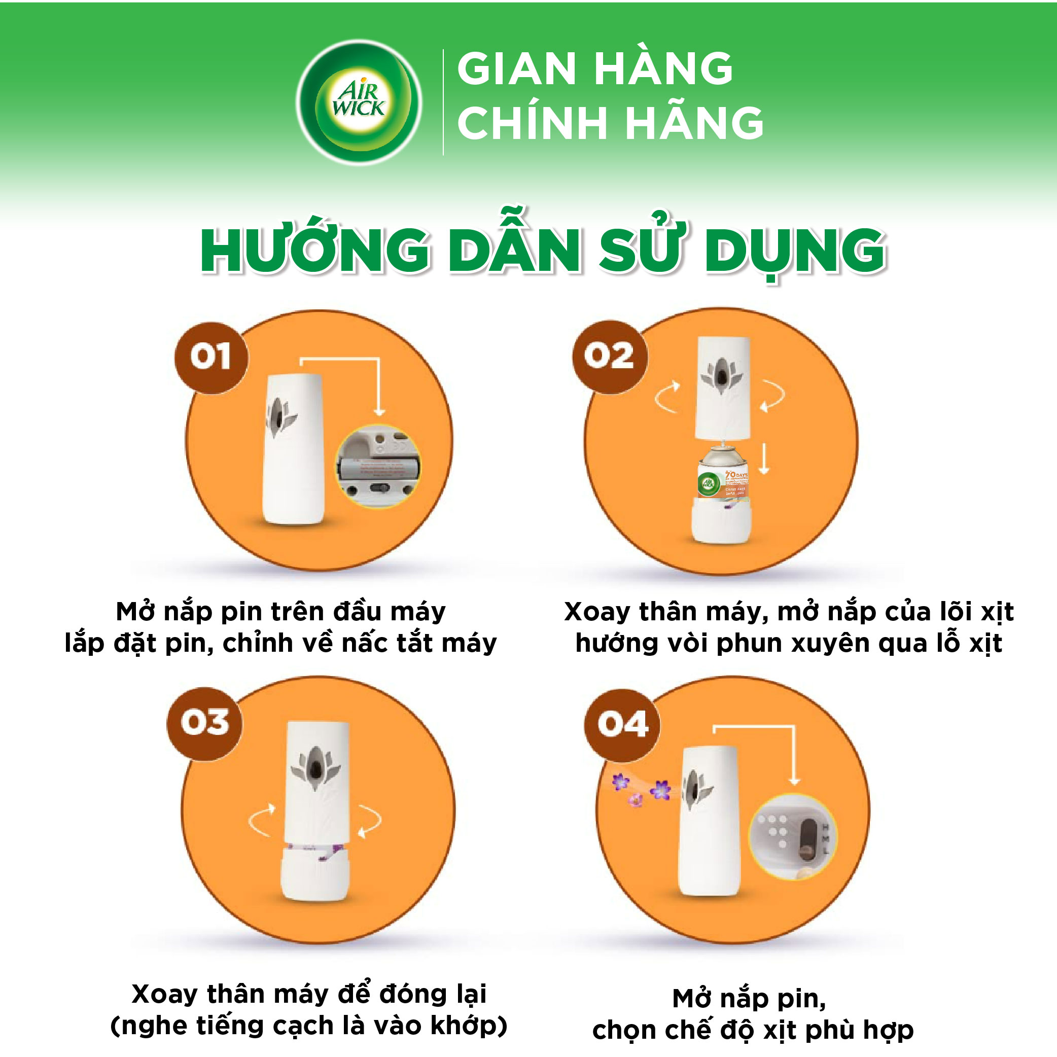 Máy xịt phòng tự động AIRWICK, Anh Quốc, 3 chế độ xịt tự động, ngát hương 24/7, thời gian sử dụng lên đến 70 ngày