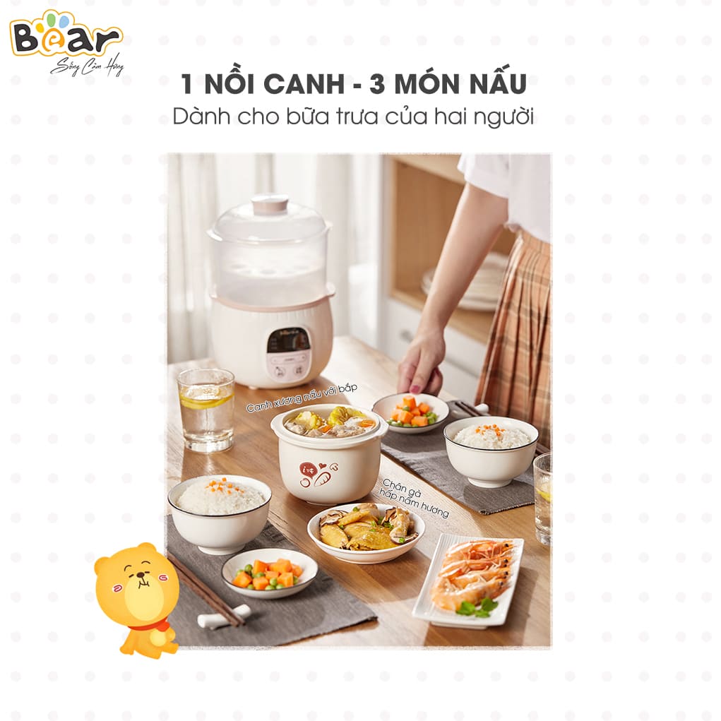 Nồi Chưng Yến, Nồi Nấu Chậm BEAR SUBE001 Tặng Khay Hấp Dung Tích 0,8 Lít Công Suất 200 W- Hàng Chính Hãng