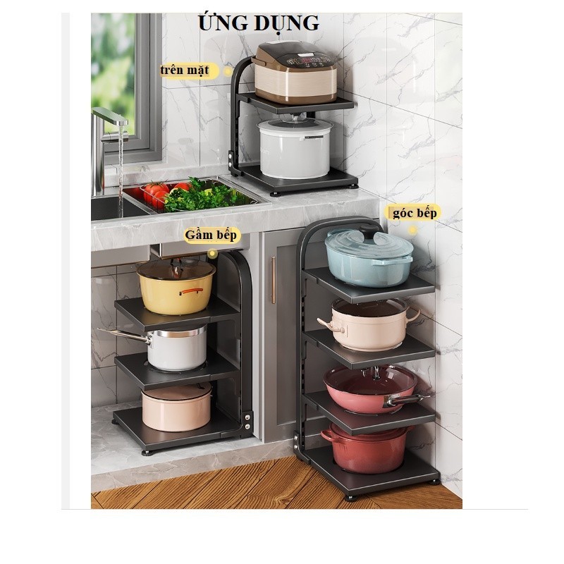 Kệ Giá Để Xoong Nồi Chảo 4 Tầng Có Thể Điều Chỉnh, Dùng Để Trên Kệ Bếp, Gầm Bếp, Góc Bếp