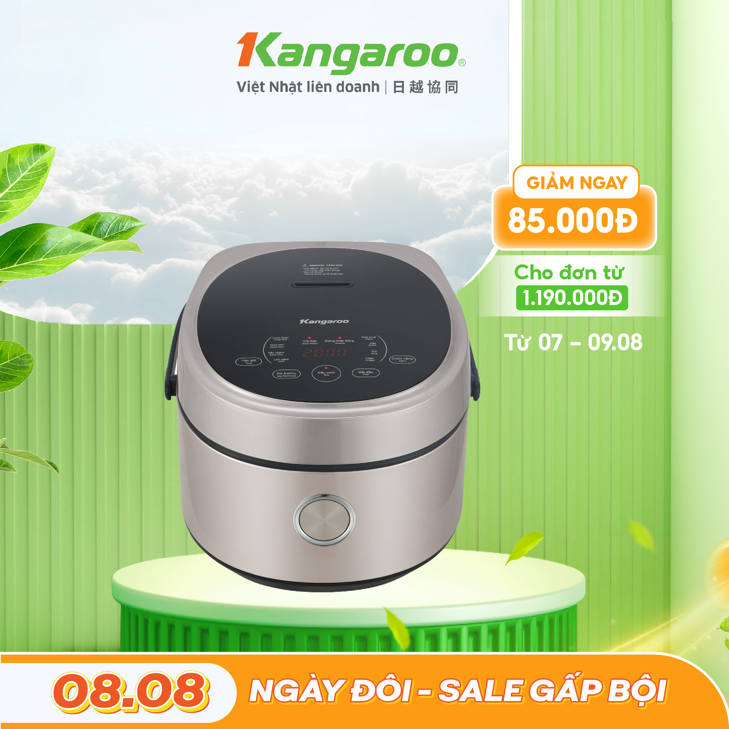 Nồi cơm điện tử Kangaroo 1.8L model KG18DR12, dung tích 1.8L, công suất 760W, công nghệ nấu 1D, thực hiện đa dạng món ăn với 10 chức năng cài đặt sẵn - Hàng chính hãng