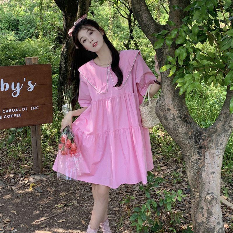 CHENGRUI Thiếu nữ cảm giác màu hồng búp bê cổ áo ngắn tay áo đầm mùa hè 2023 thời trang thiết kế từ A
