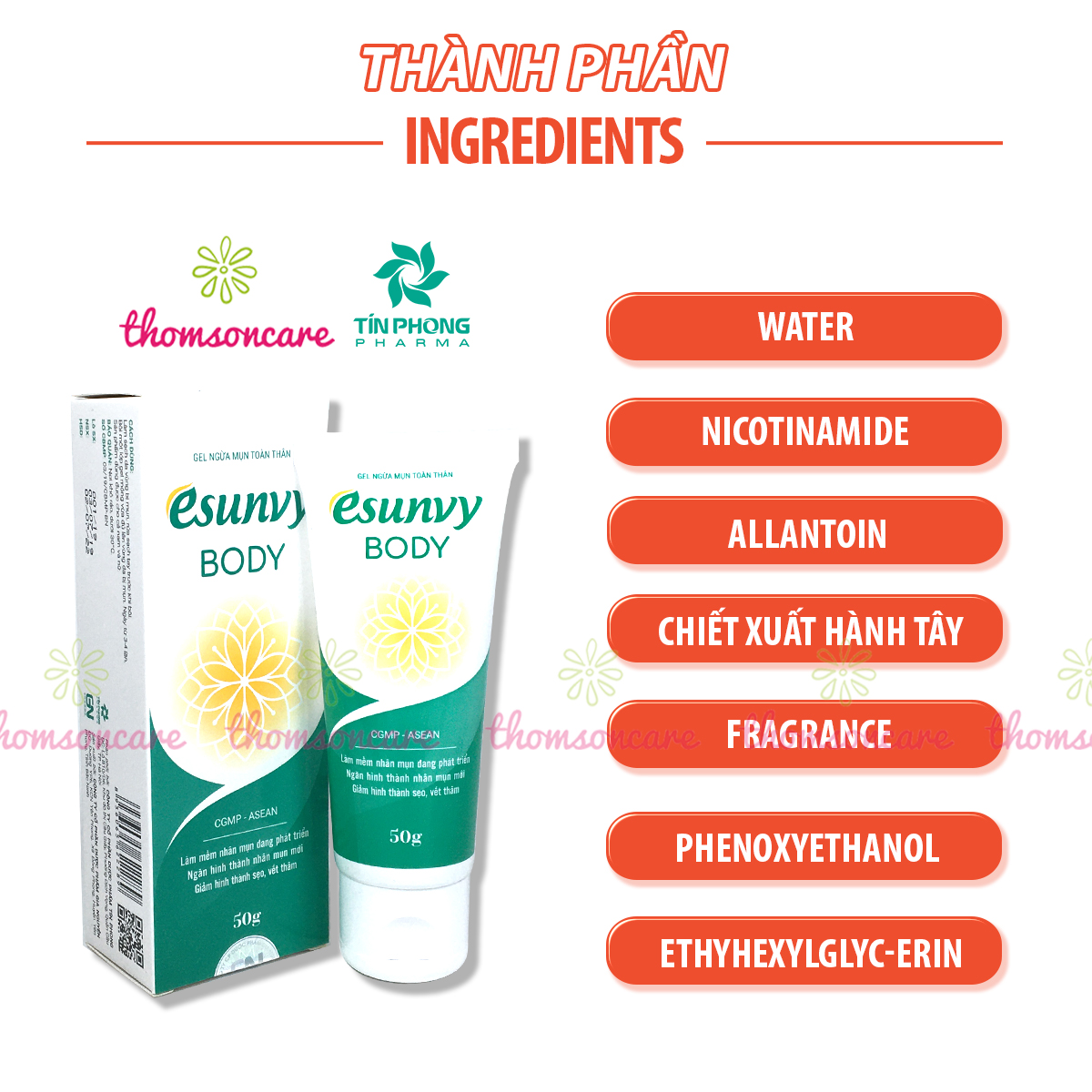 Esunvy Body - Kem ngừa mụn lưng và toàn thân từ thảo dược - Tuýp 50g, giảm mụnn đầu đen, trứng cá, mờ sẹo