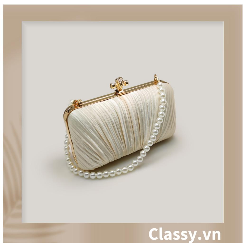 Clutch Classy cầm tay đi tiệc màu be, vải Satin Mịn Xinh Sang Dài 18 X Rộng 10 CM, dây đeo chuỗi hạt T006