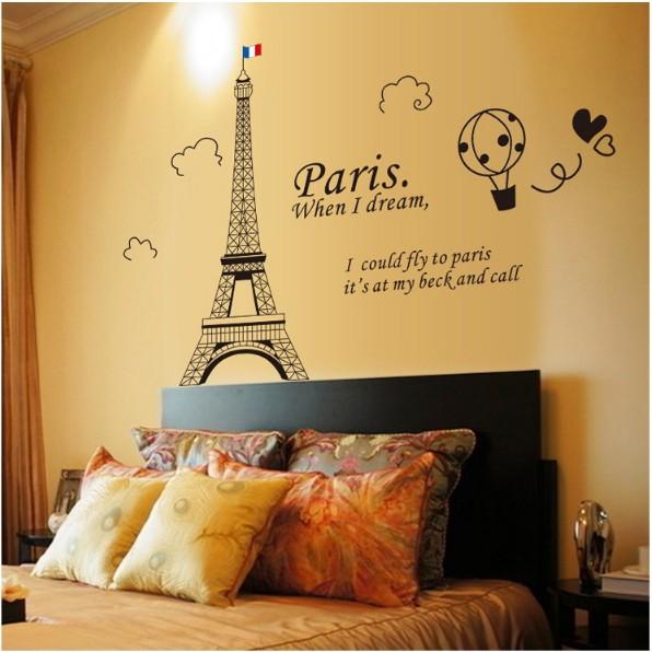 Decal trang trí tường - Tháp Paris khinh khí cầu tinh tế 02