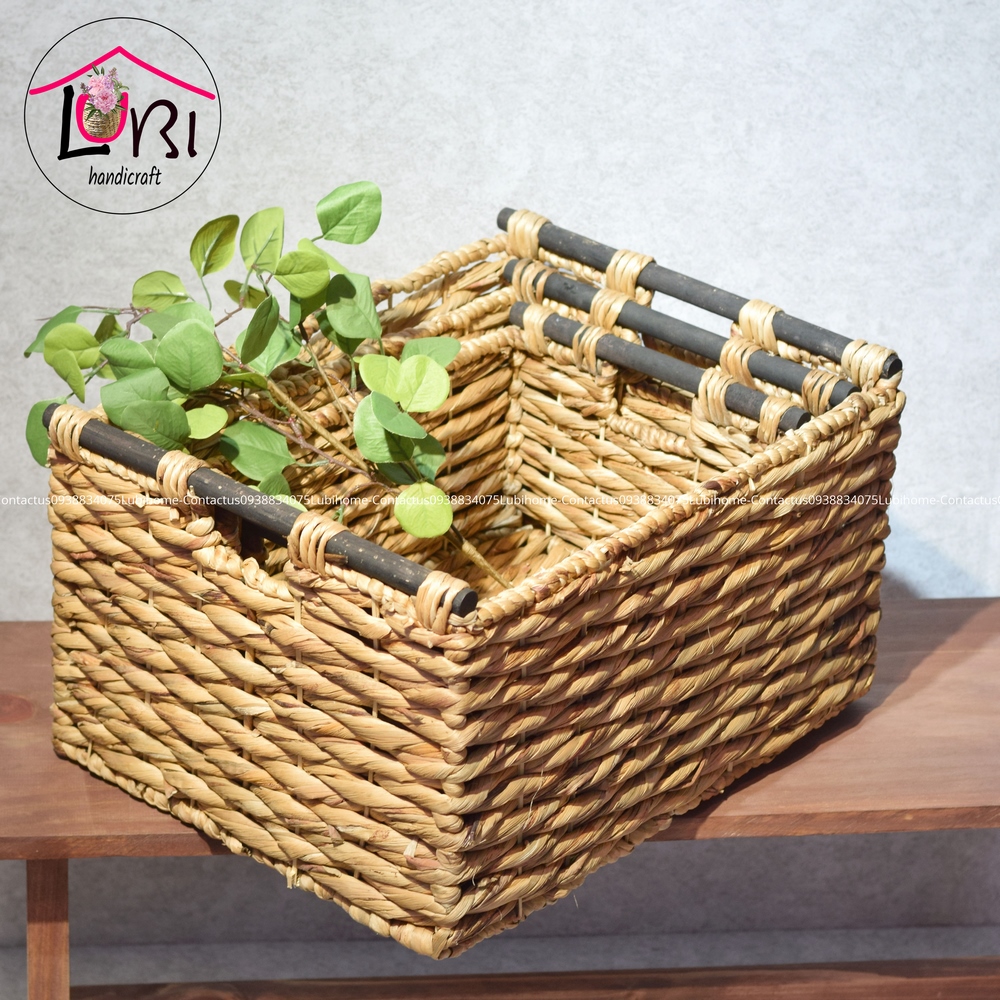 Lubihandicraft - Sọt lục bình đựng đồ quai gỗ đen - đẹp, sang trọng