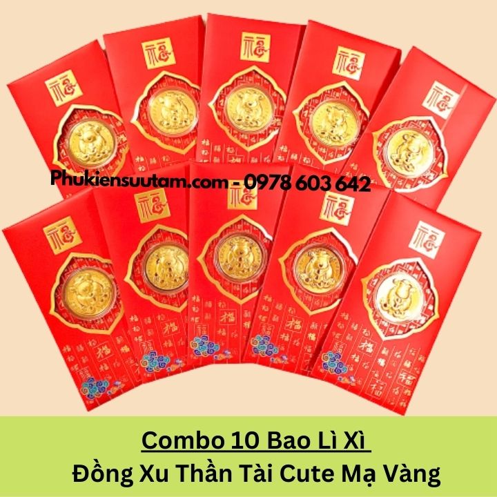 Combo 10 Bao Lì Xì Đồng Xu Thần Tài Cute Mạ Vàng, kích thước: 17cmx9cm, màu đỏ - SP005983