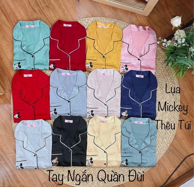 ( Freesize Lụa ) Đồ Bộ Pijama Lụa Thiêu Mickey - Tay Ngắn Quần Đùi